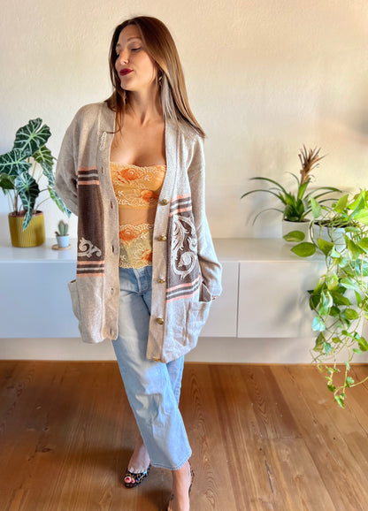 1980's vintage oatmeal and peach stripe oversize wool cardigan