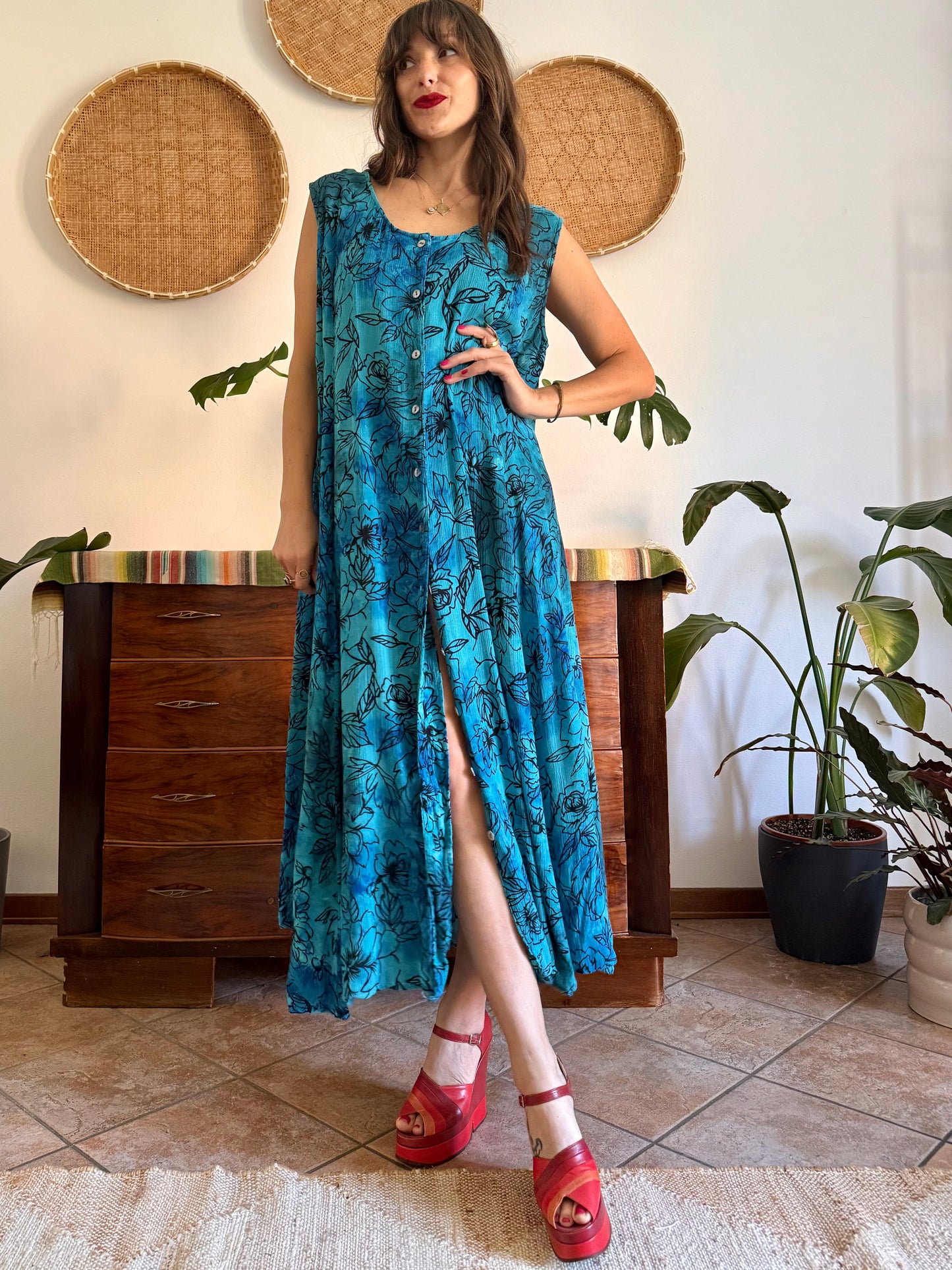 1990's vintage turquoise, black and blue button down maxi dress