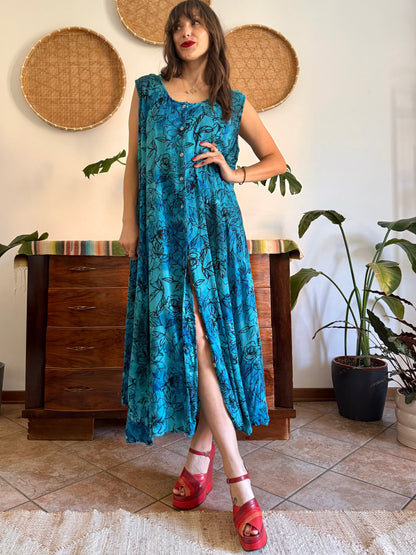 1990's vintage turquoise, black and blue button down maxi dress
