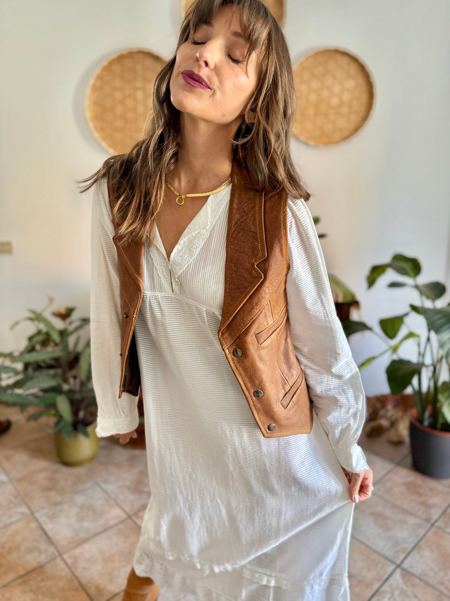1970's vintage camell leather western vest