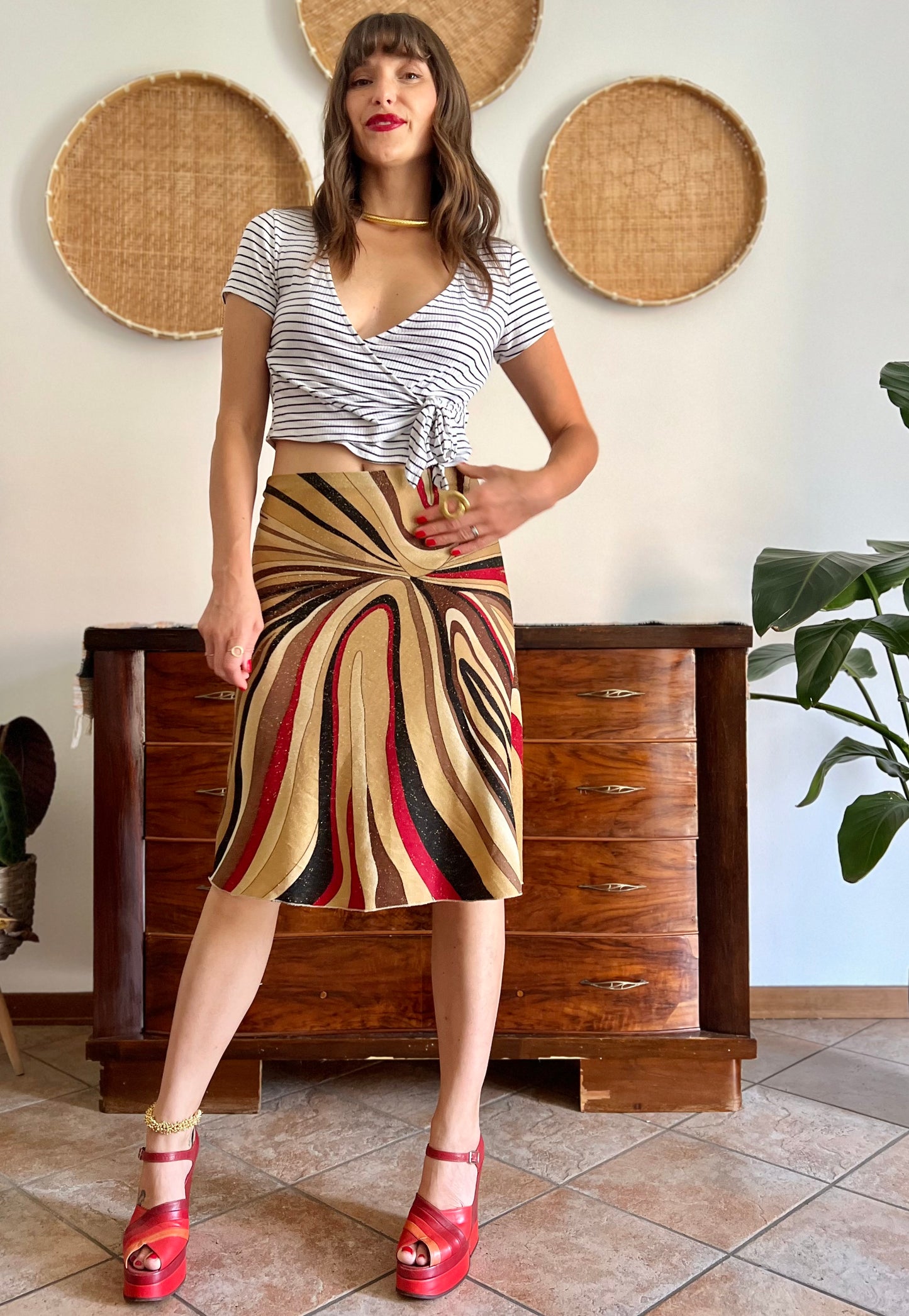 1970's vintage abstract, red brown and gold midi skirt