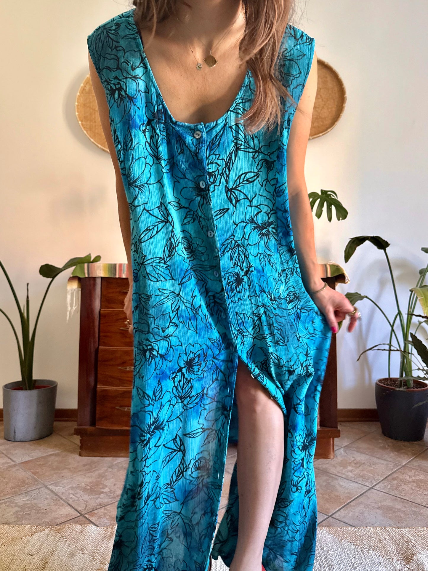 1990's vintage turquoise, black and blue button down maxi dress