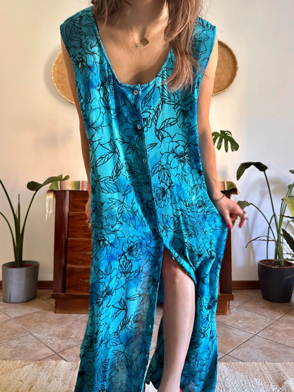 1990's vintage turquoise, black and blue button down maxi dress