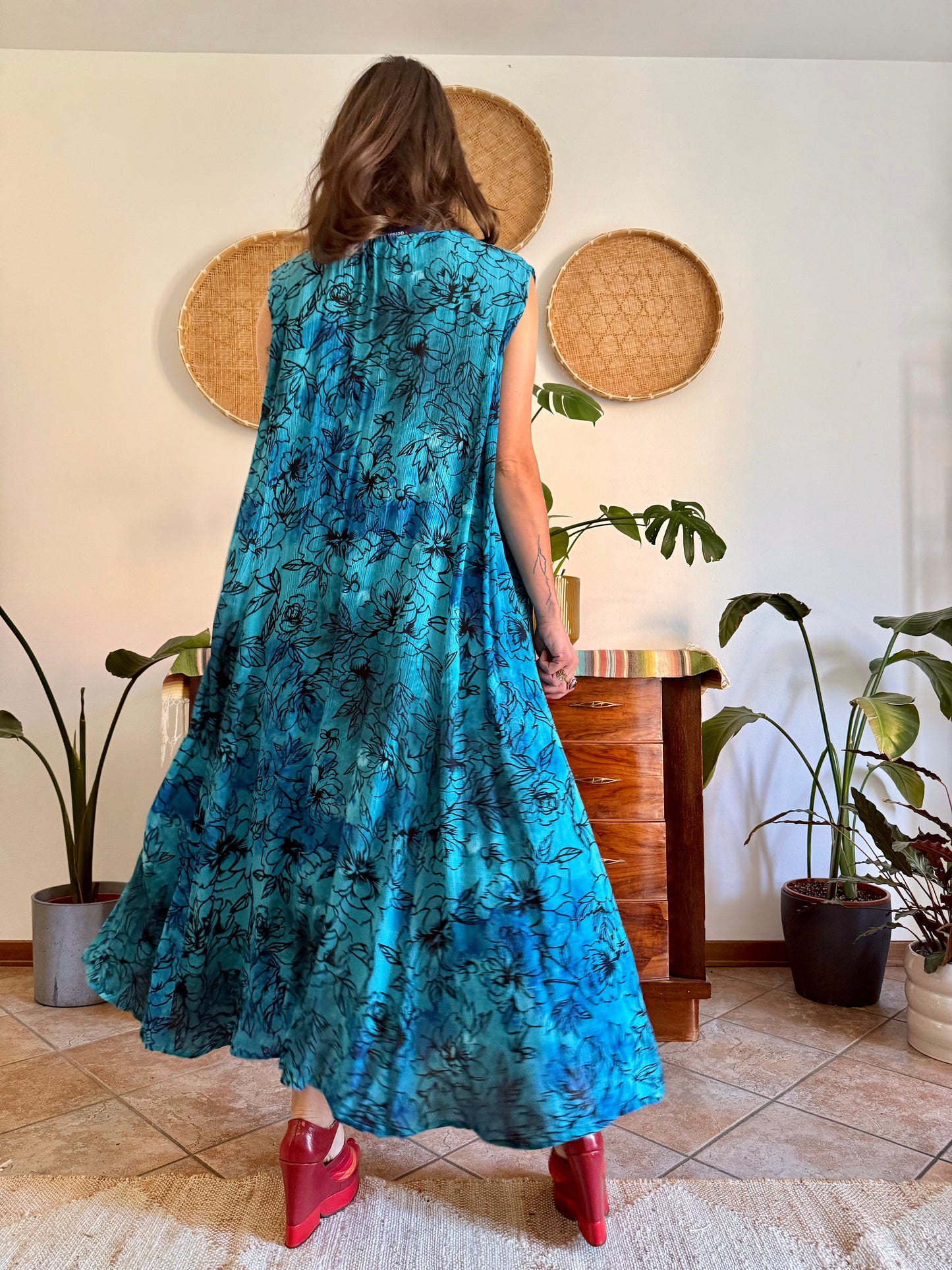1990's vintage turquoise, black and blue button down maxi dress