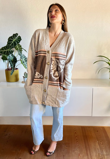 1980's vintage oatmeal and peach stripe oversize wool cardigan