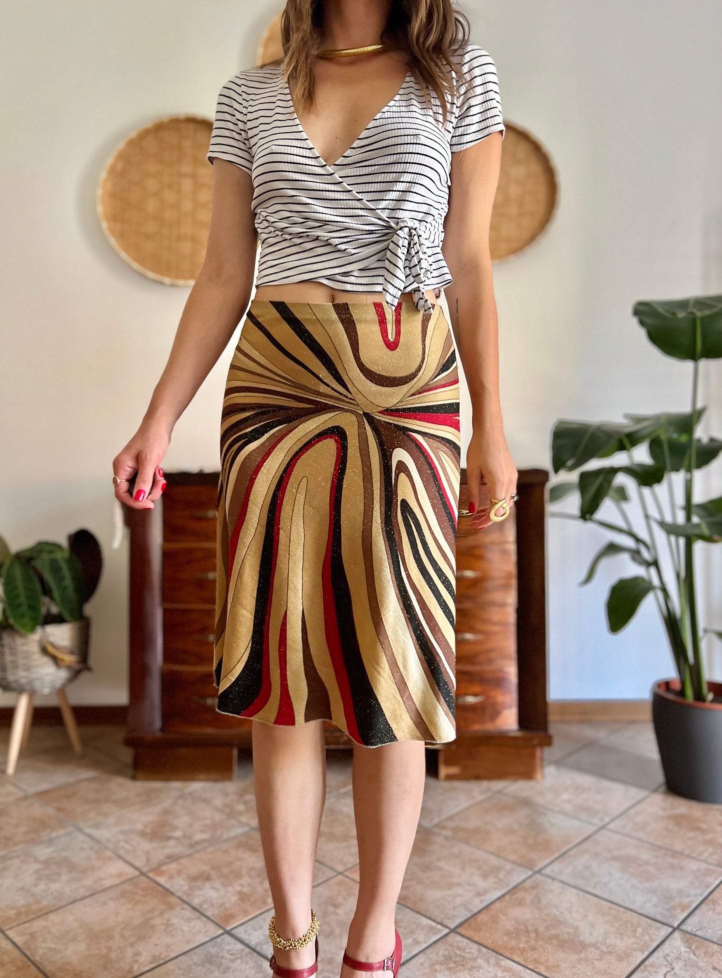 1970's vintage abstract, red brown and gold midi skirt