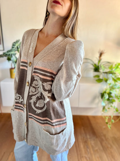 1980's vintage oatmeal and peach stripe oversize wool cardigan