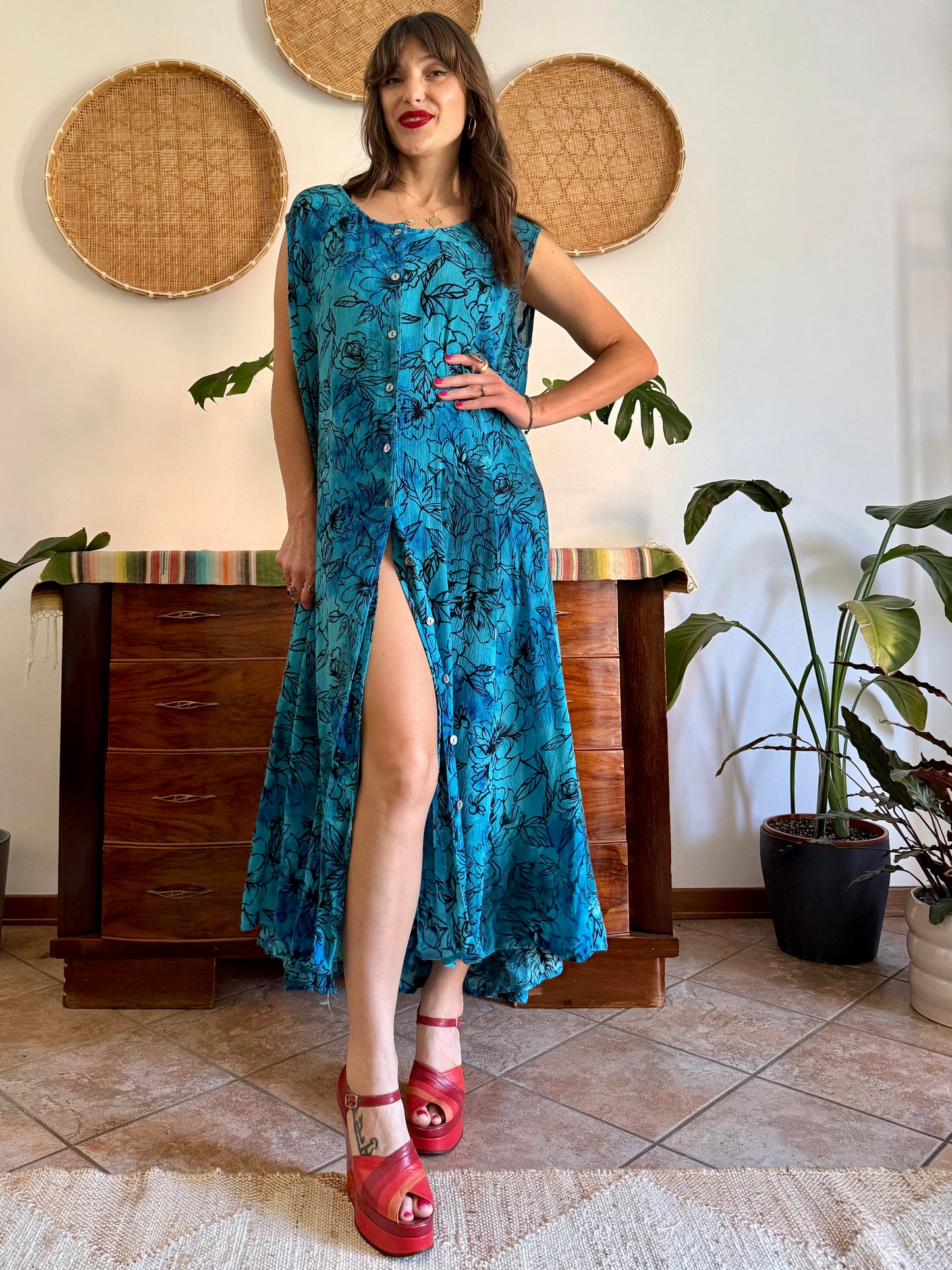 1990's vintage turquoise, black and blue button down maxi dress
