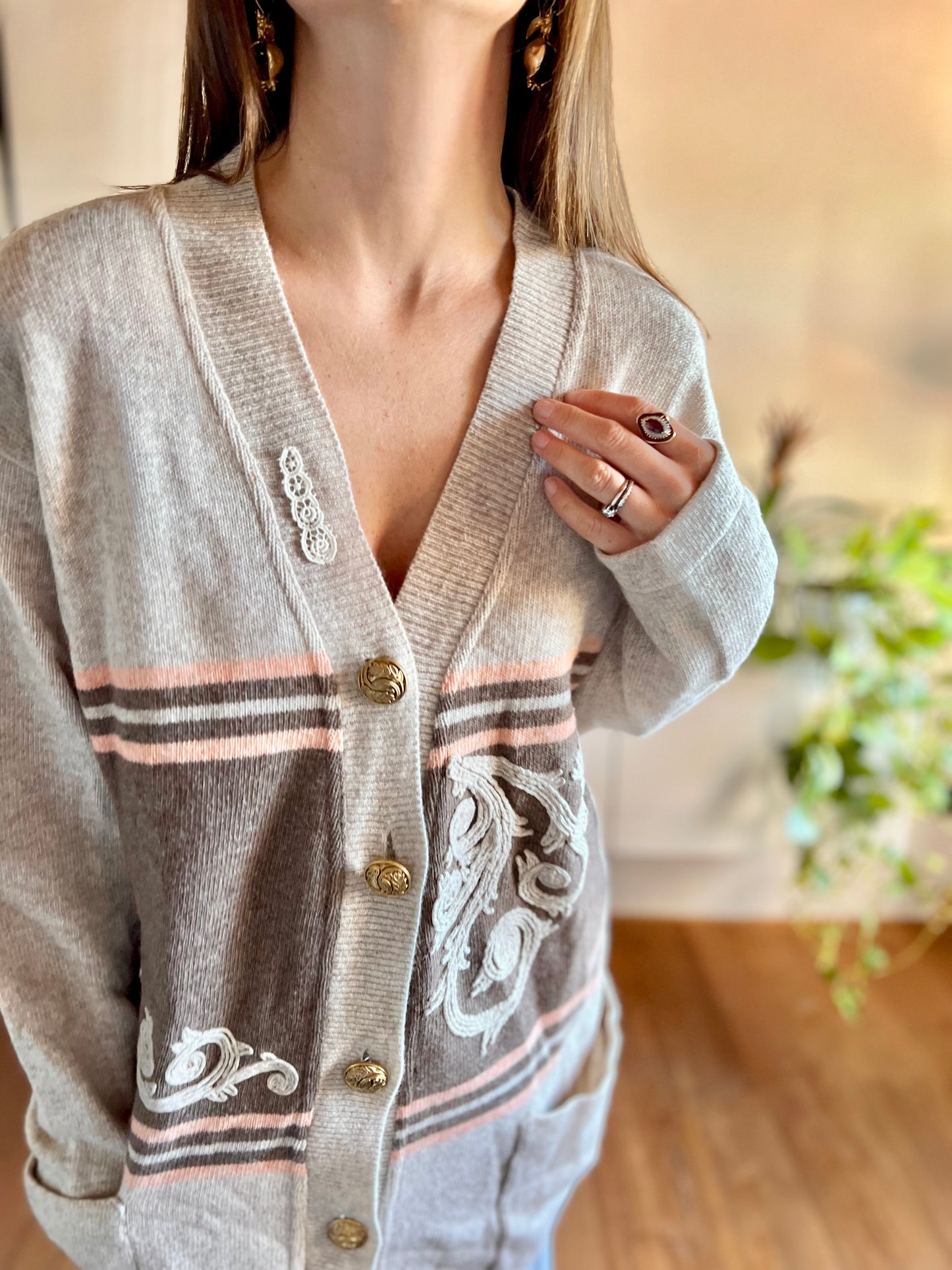 1980's vintage oatmeal and peach stripe oversize wool cardigan