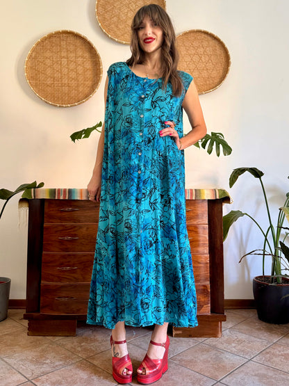 1990's vintage turquoise, black and blue button down maxi dress