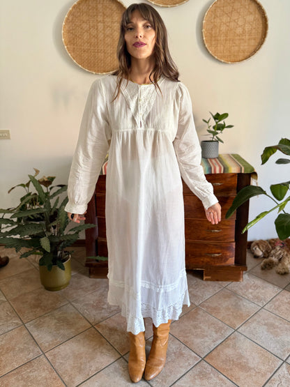 1970's vintage semi sheer horizontal stripe white prairie dress with lace detailing