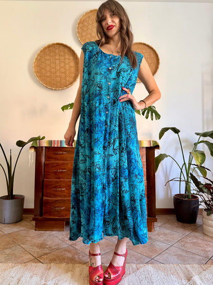 1990's vintage turquoise, black and blue button down maxi dress