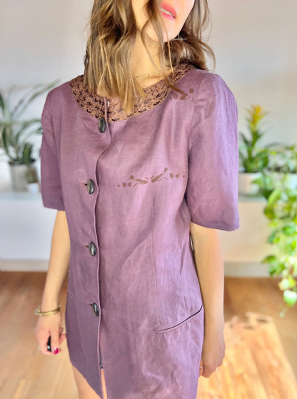 1970's vintage purple linen oversize blazer with glass bead details