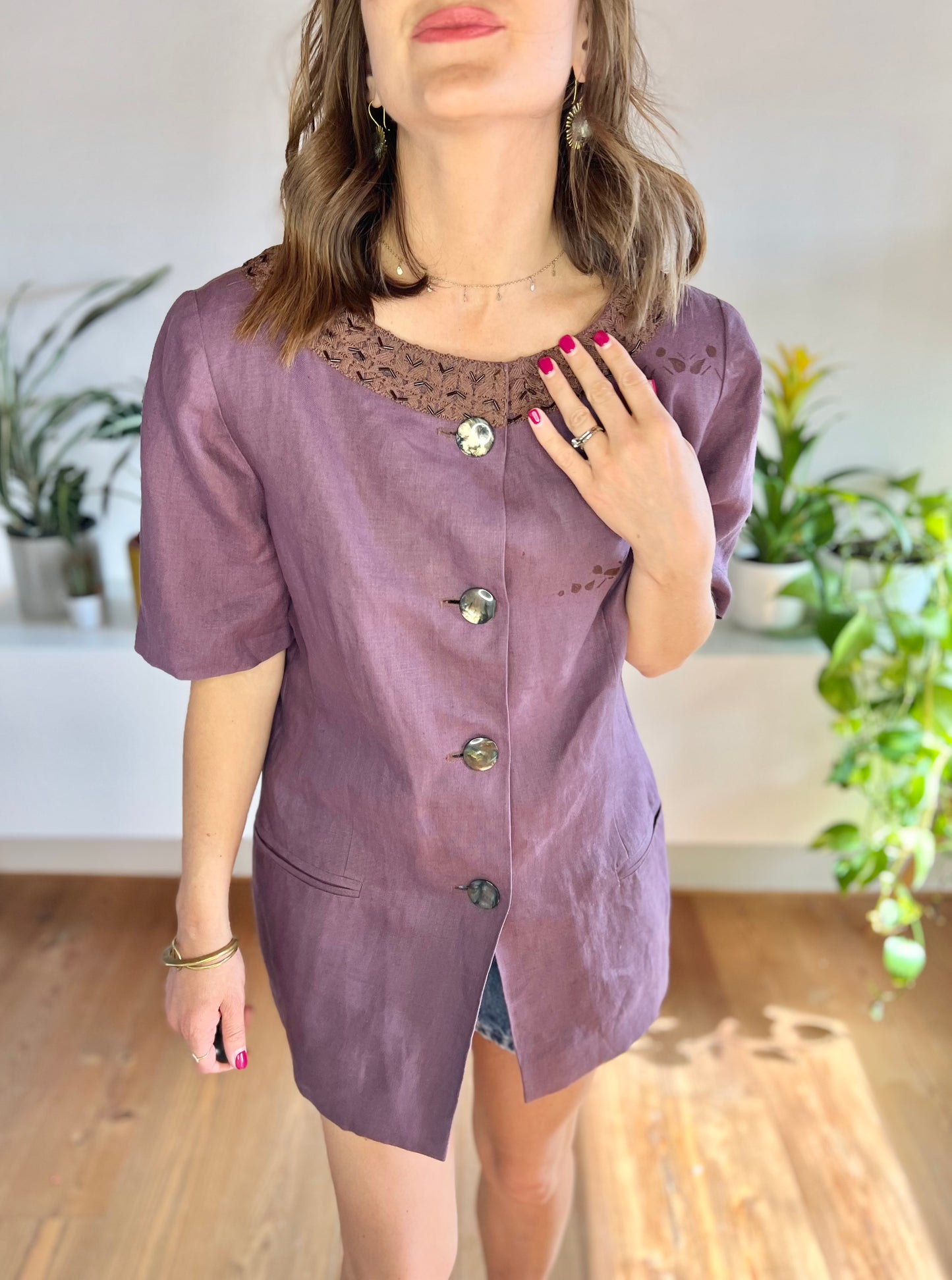 1970's vintage purple linen oversize blazer with glass bead details