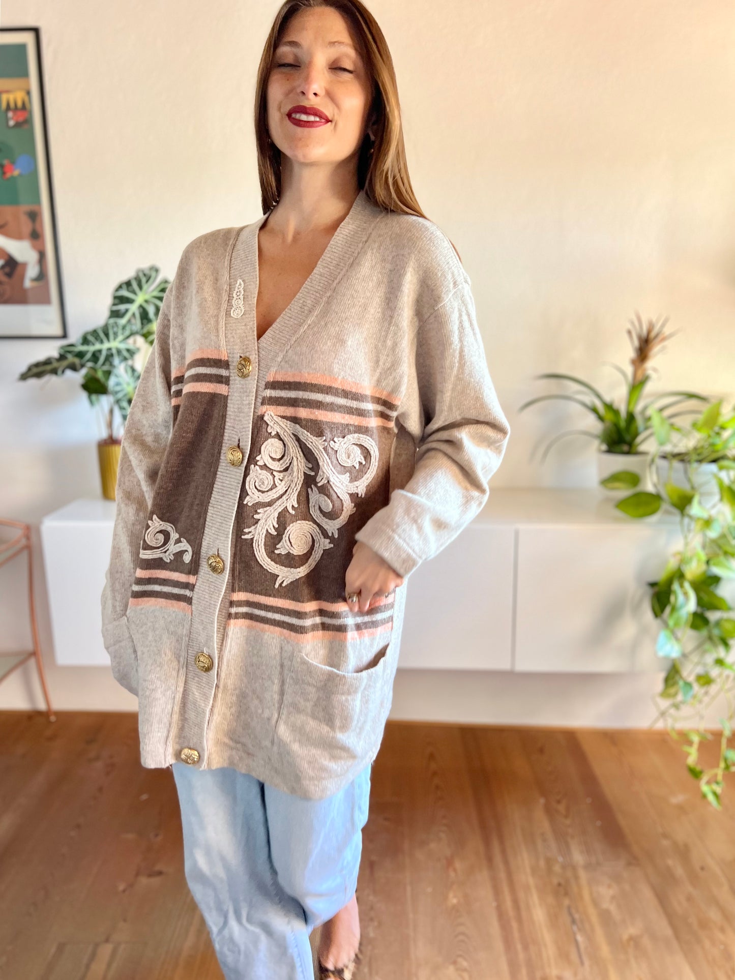 1980's vintage oatmeal and peach stripe oversize wool cardigan