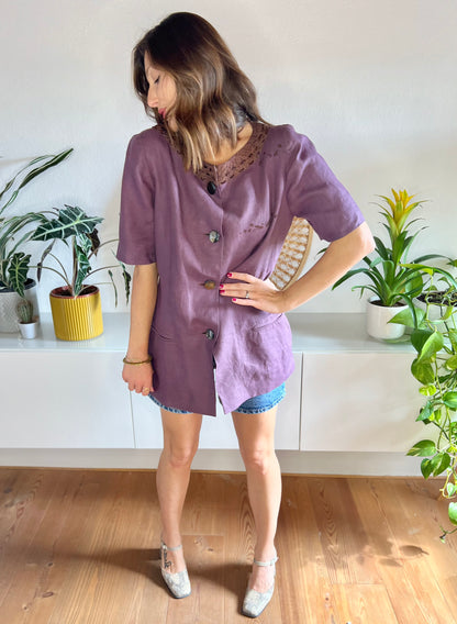 1970's vintage purple linen oversize blazer with glass bead details