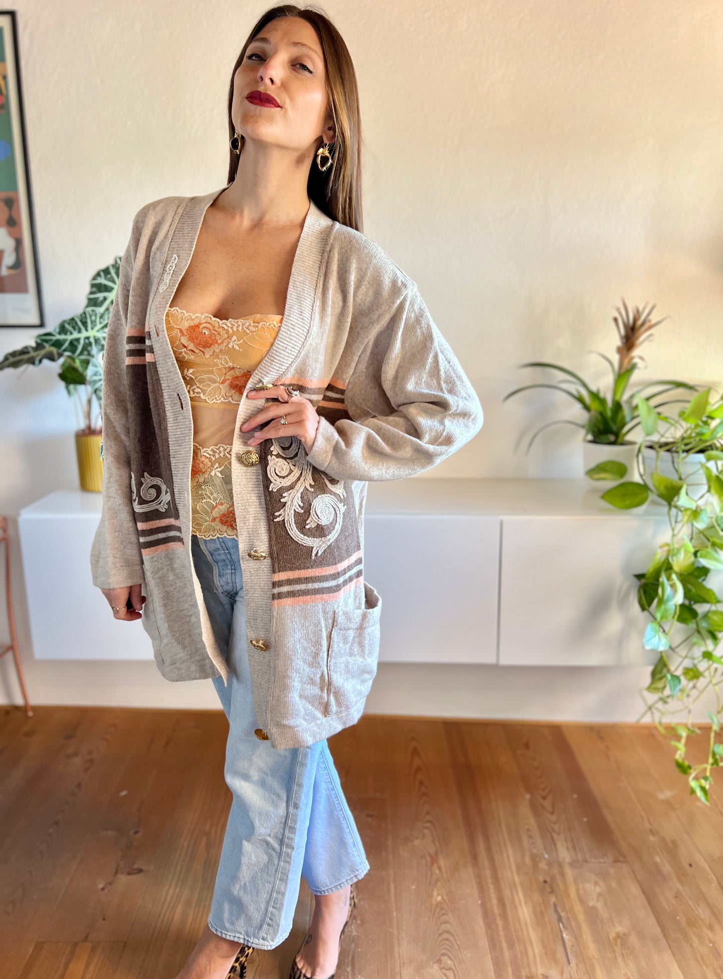 1980's vintage oatmeal and peach stripe oversize wool cardigan