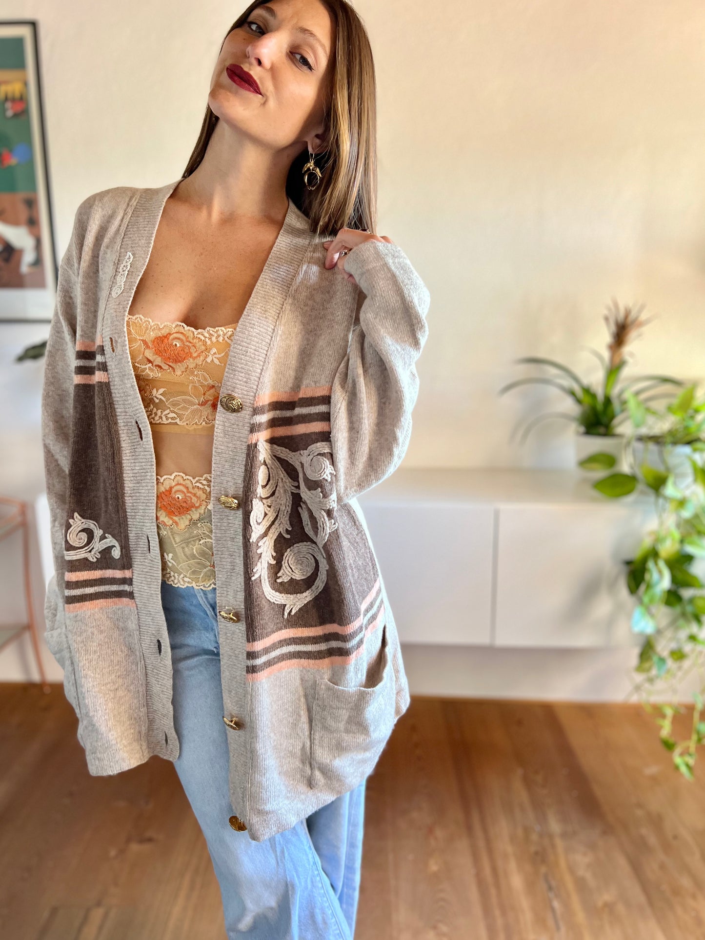 1980's vintage oatmeal and peach stripe oversize wool cardigan