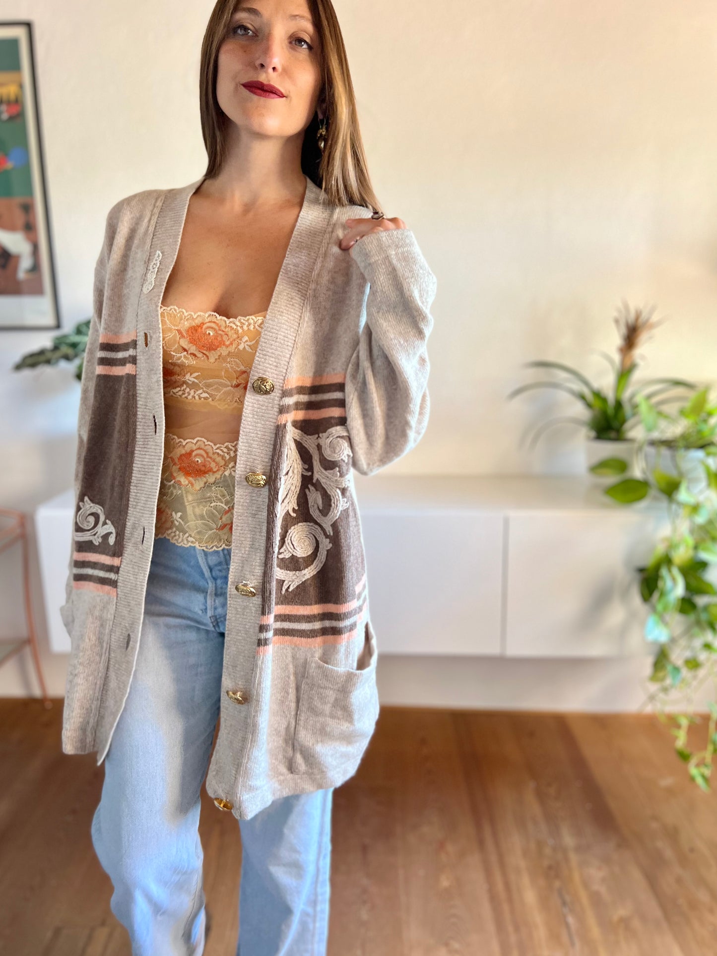 1980's vintage oatmeal and peach stripe oversize wool cardigan