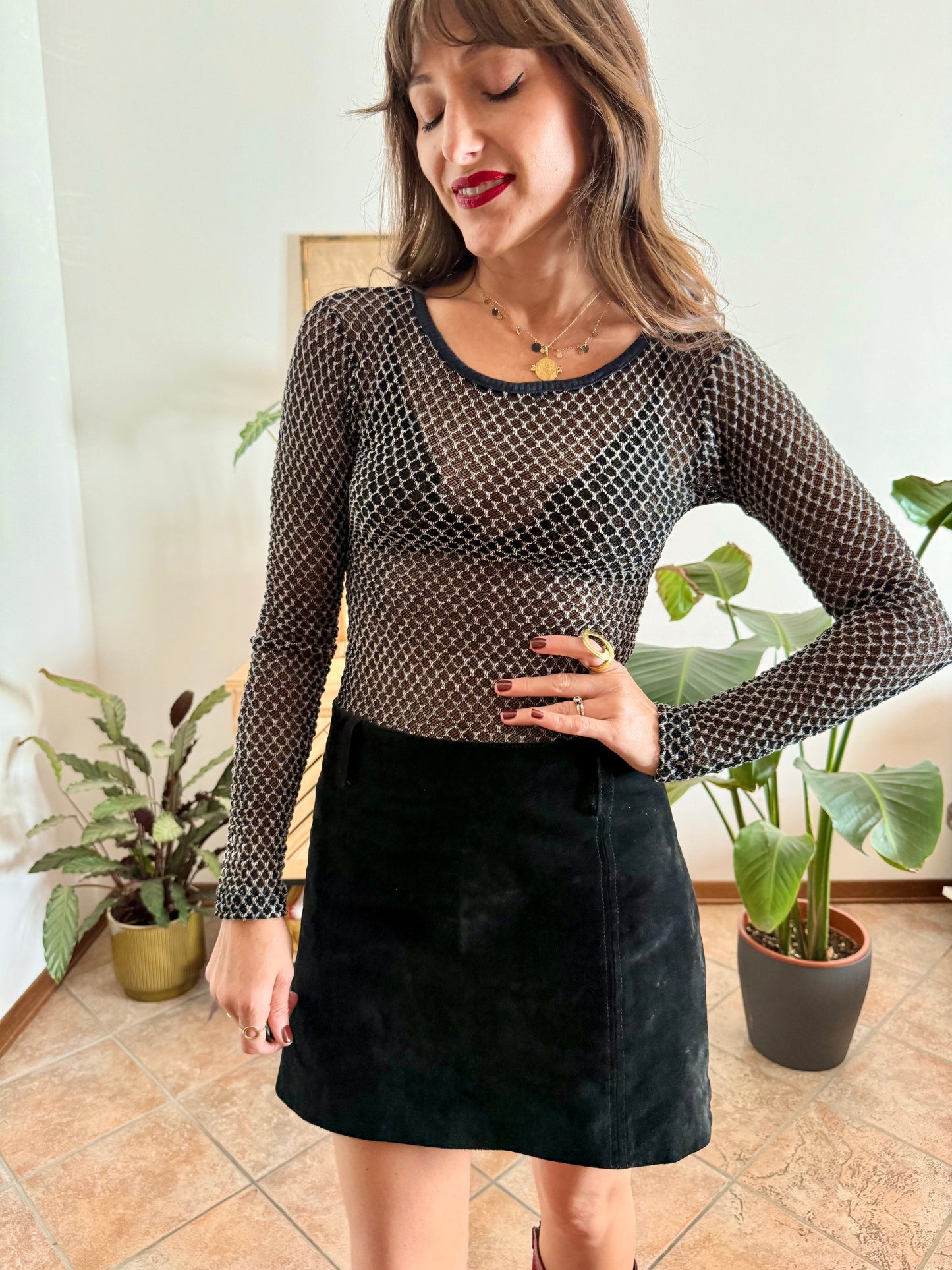 1990's vintage black and white textured woven sheer top