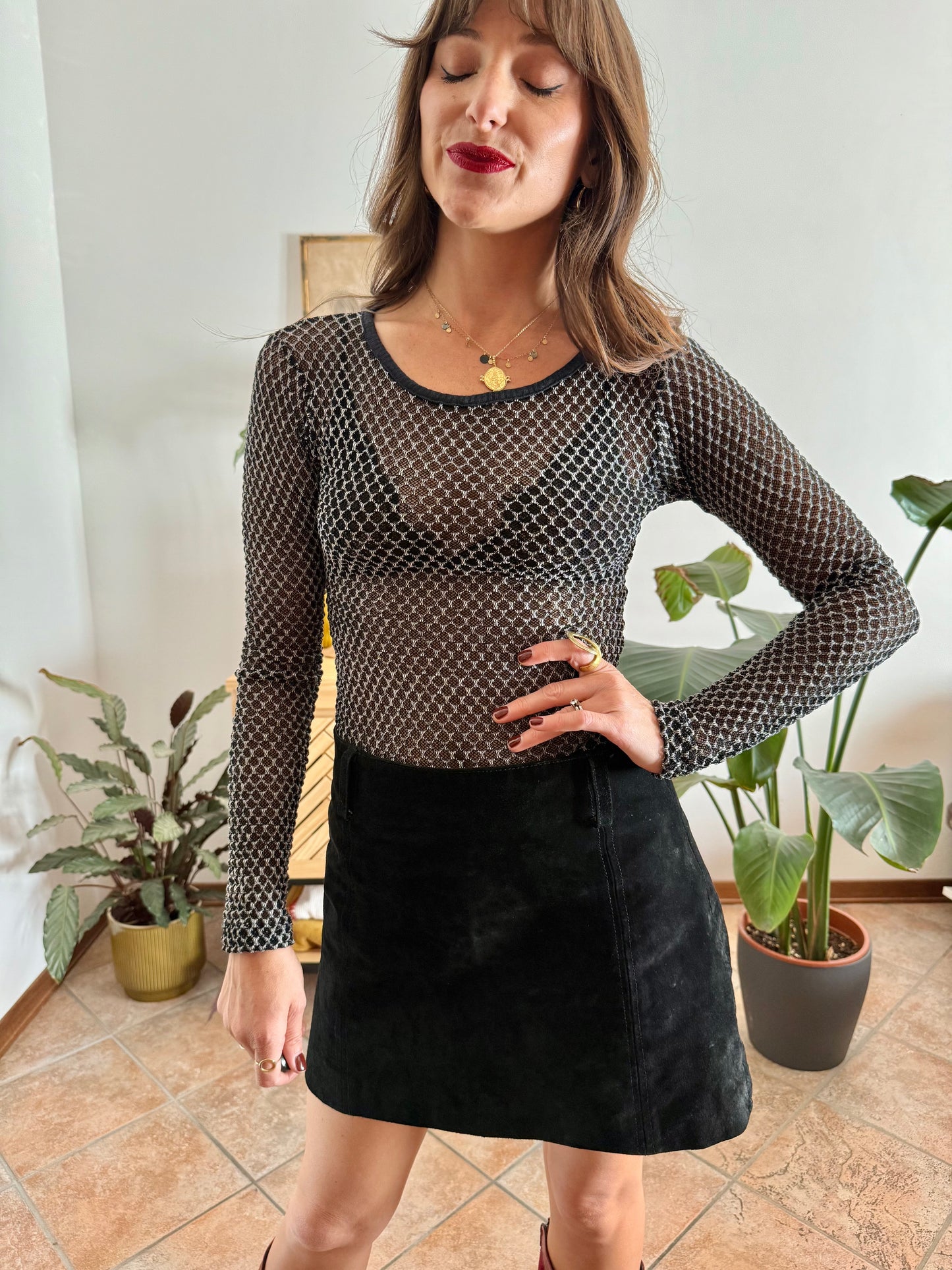 1990's vintage black and white textured woven sheer top