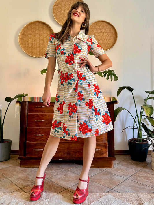 1960's vintage coral, yellow and turquoise floral and stripe midi dress