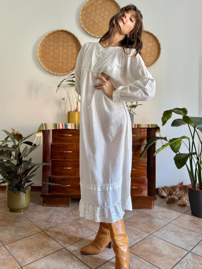 1970's vintage semi sheer horizontal stripe white prairie dress with lace detailing