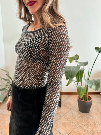 1990's vintage black and white textured woven sheer top