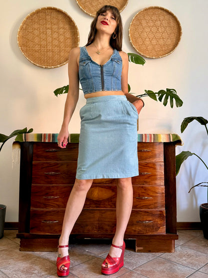 1970’s vintage light wash denim midi skirt