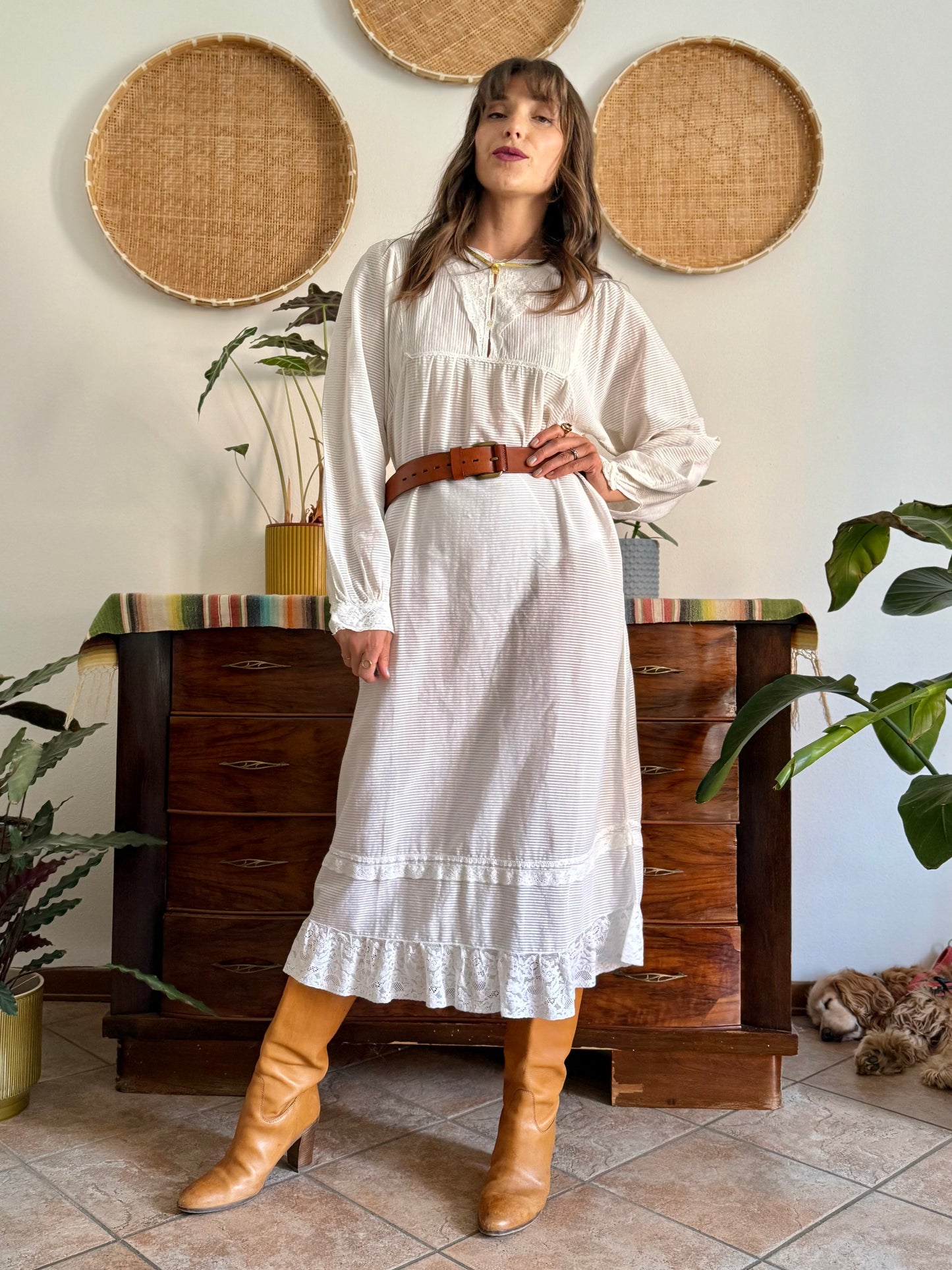 1970's vintage semi sheer horizontal stripe white prairie dress with lace detailing