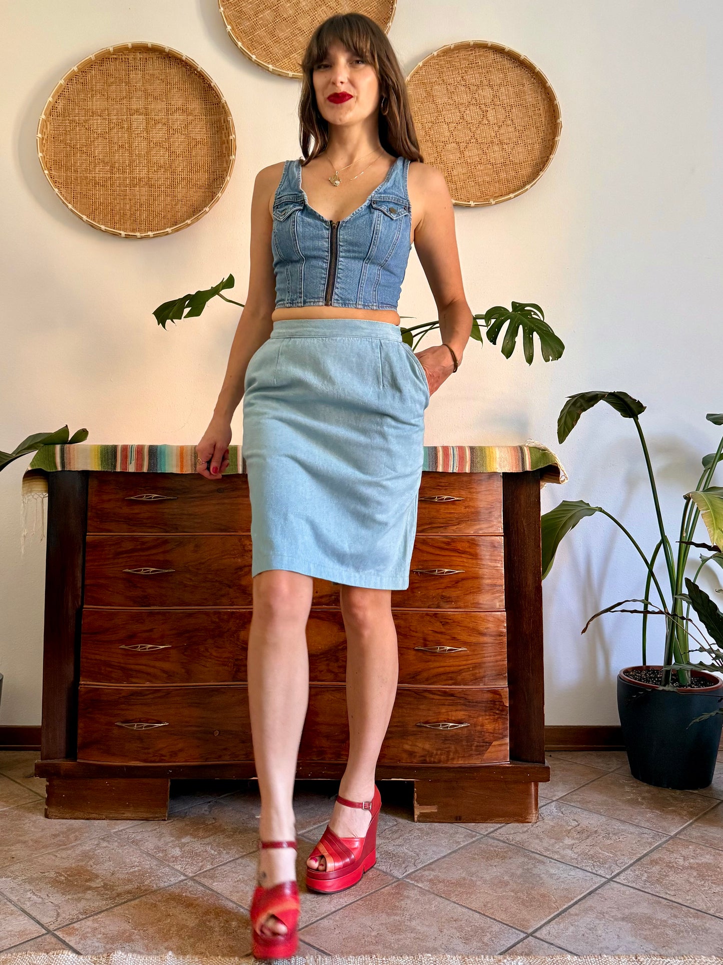 1970’s vintage light wash denim midi skirt