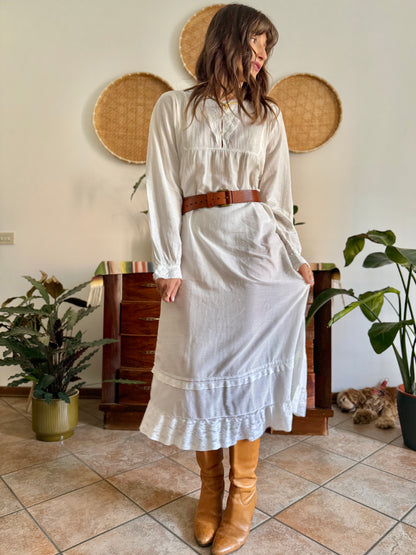 1970's vintage semi sheer horizontal stripe white prairie dress with lace detailing