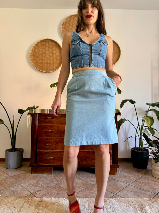 1970’s vintage light wash denim midi skirt