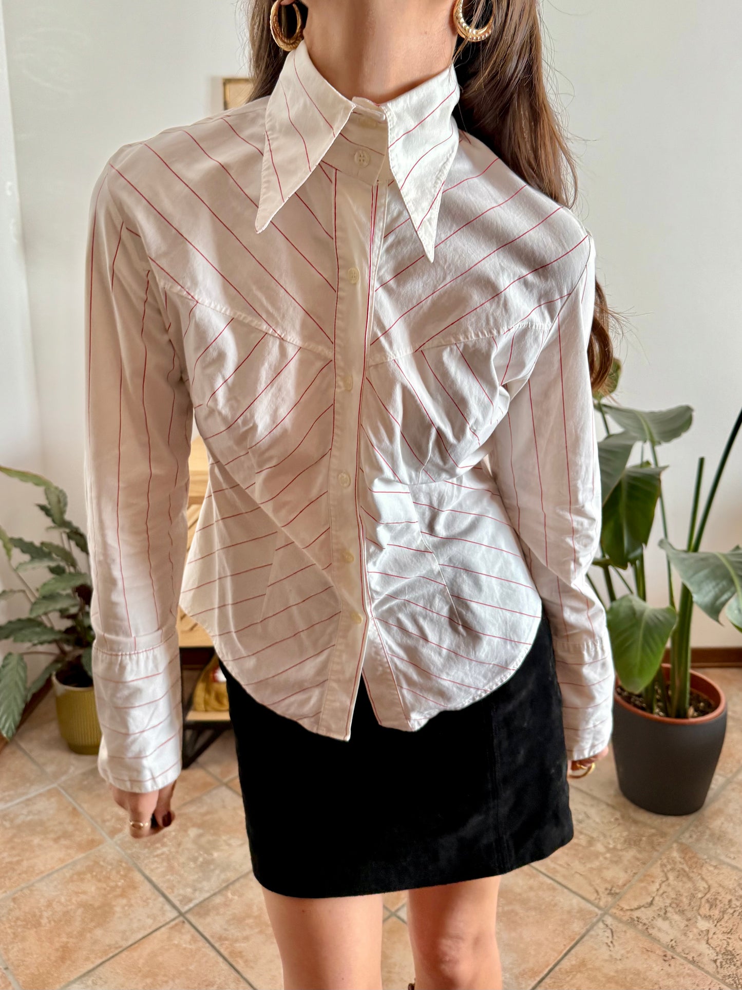 1970's vintage white and red stripe shirt with exaggerated collar and cuffs