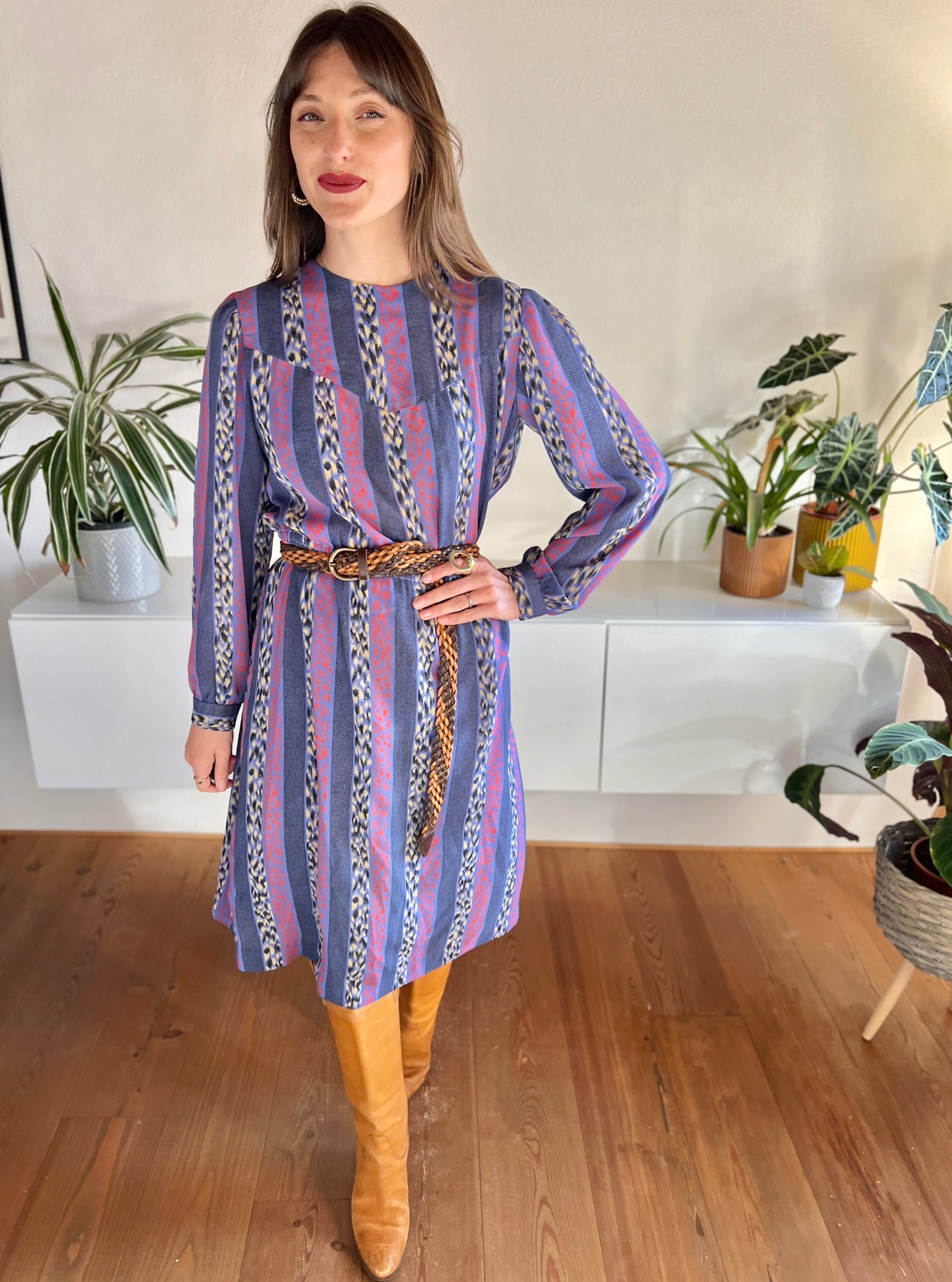 1970's vintage blue, red and yellow geometric print midi dress