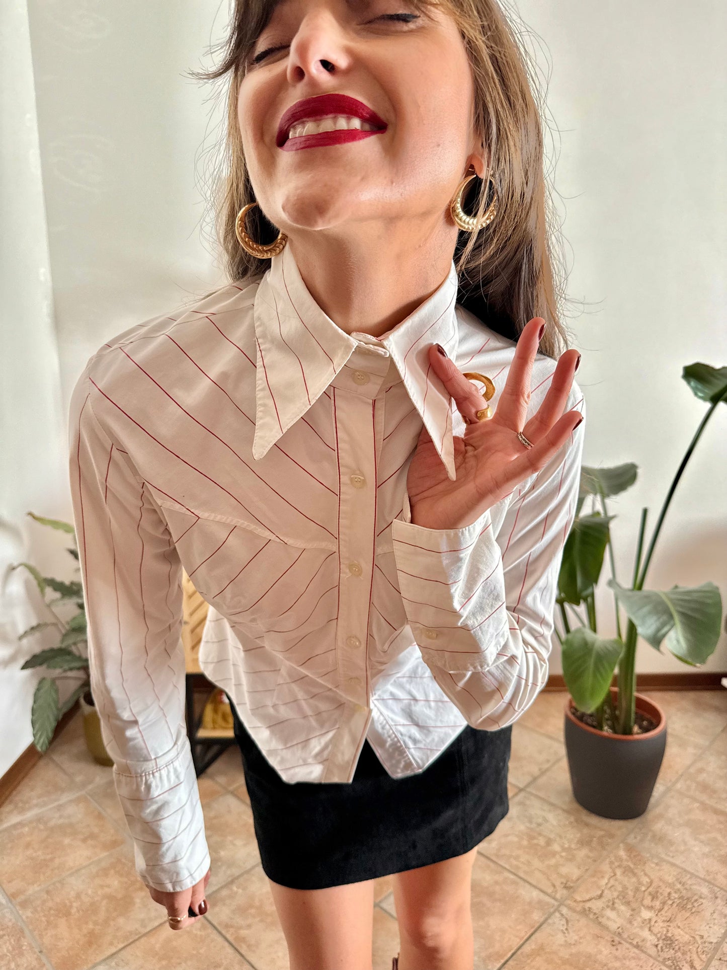 1970's vintage white and red stripe shirt with exaggerated collar and cuffs