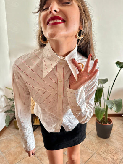 1970's vintage white and red stripe shirt with exaggerated collar and cuffs