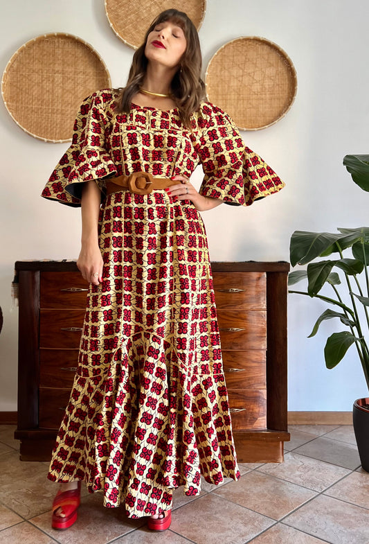 1970's vintage beige, red and navy bell sleeve maxi dress