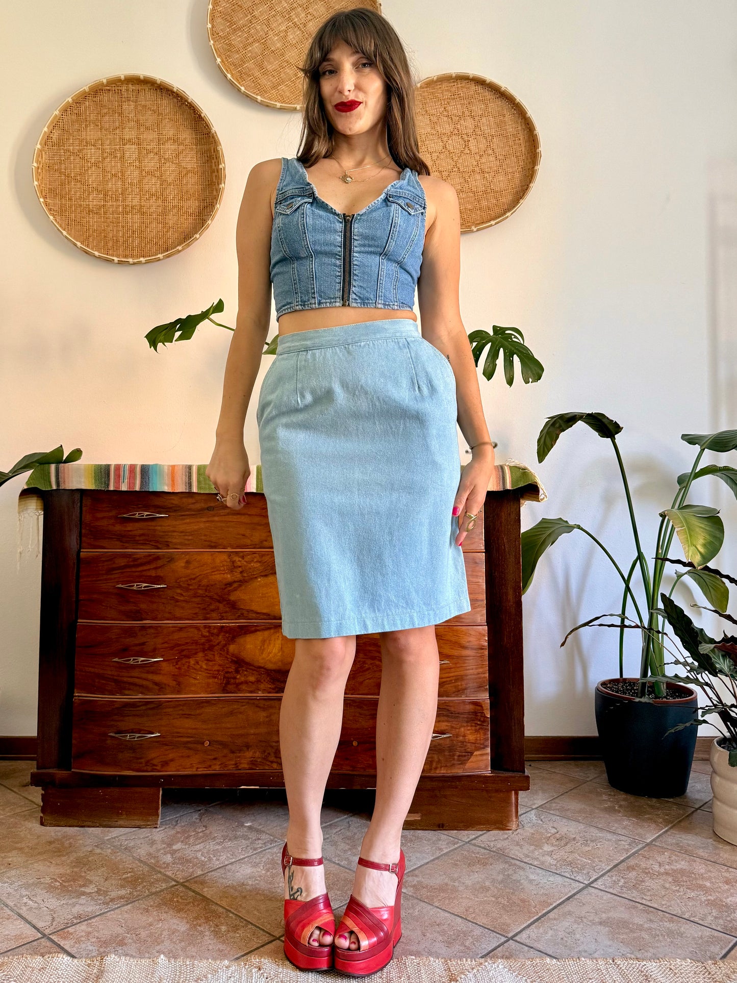 1970’s vintage light wash denim midi skirt