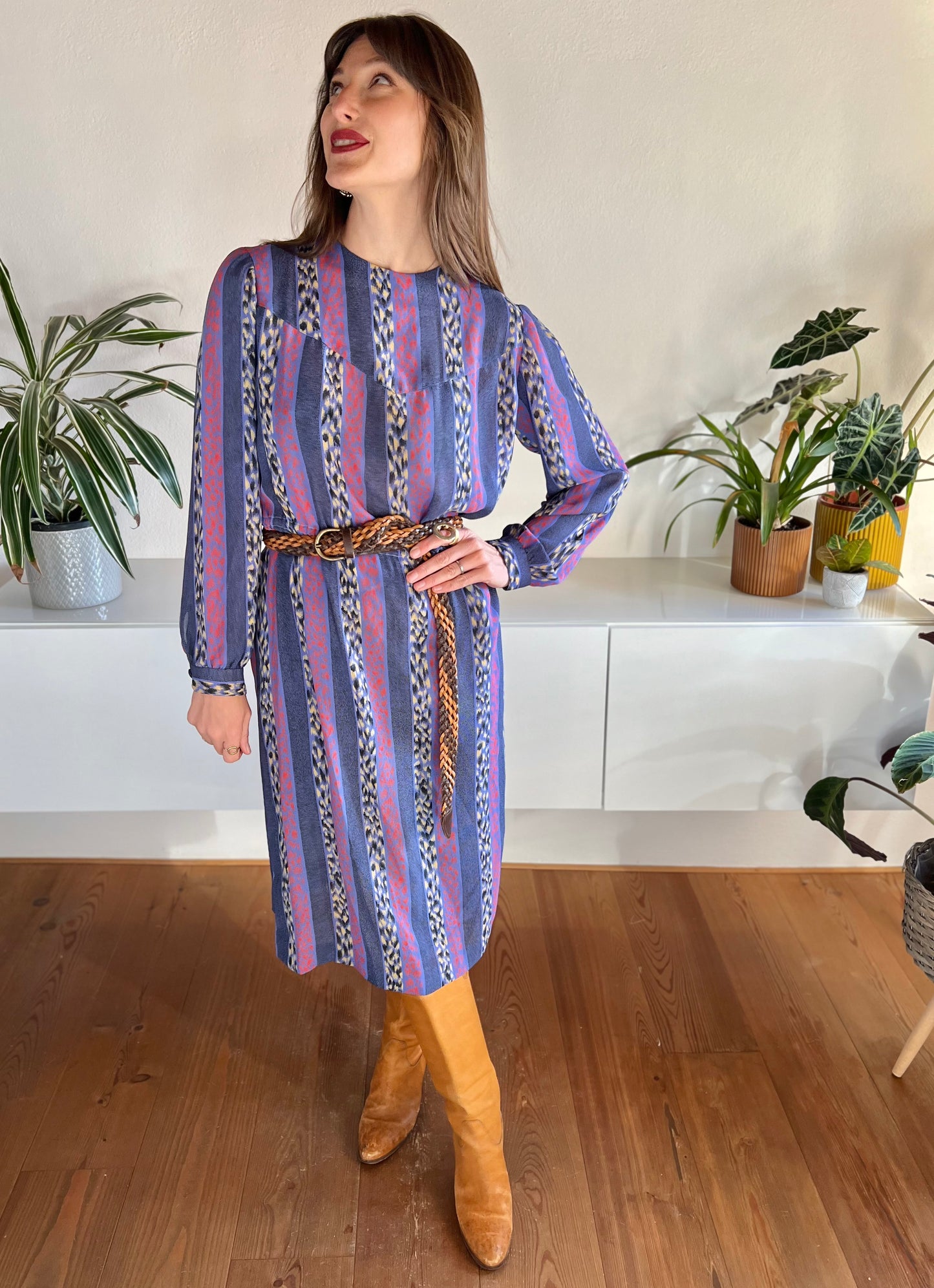 1970's vintage blue, red and yellow geometric print midi dress