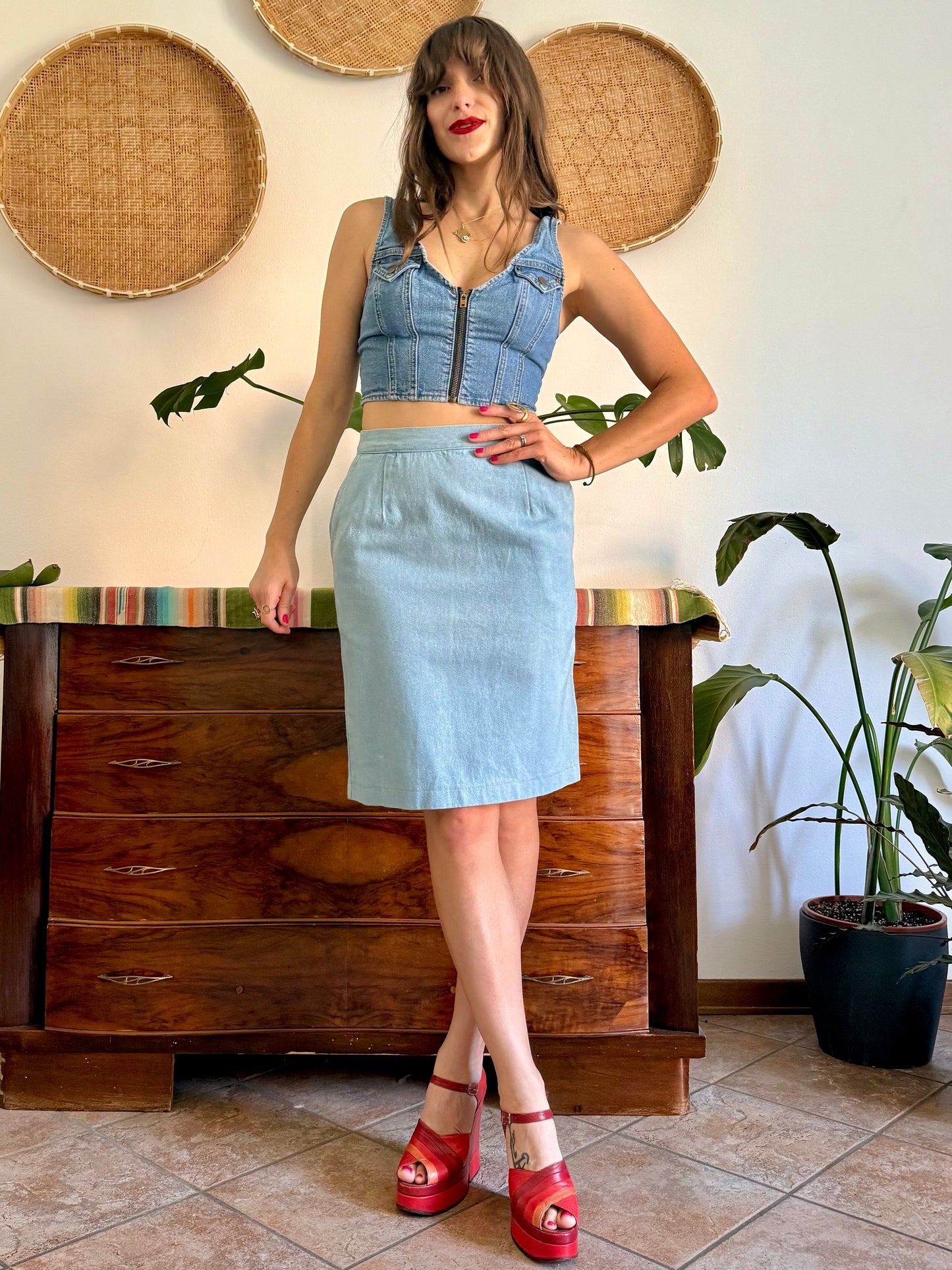 1970’s vintage light wash denim midi skirt