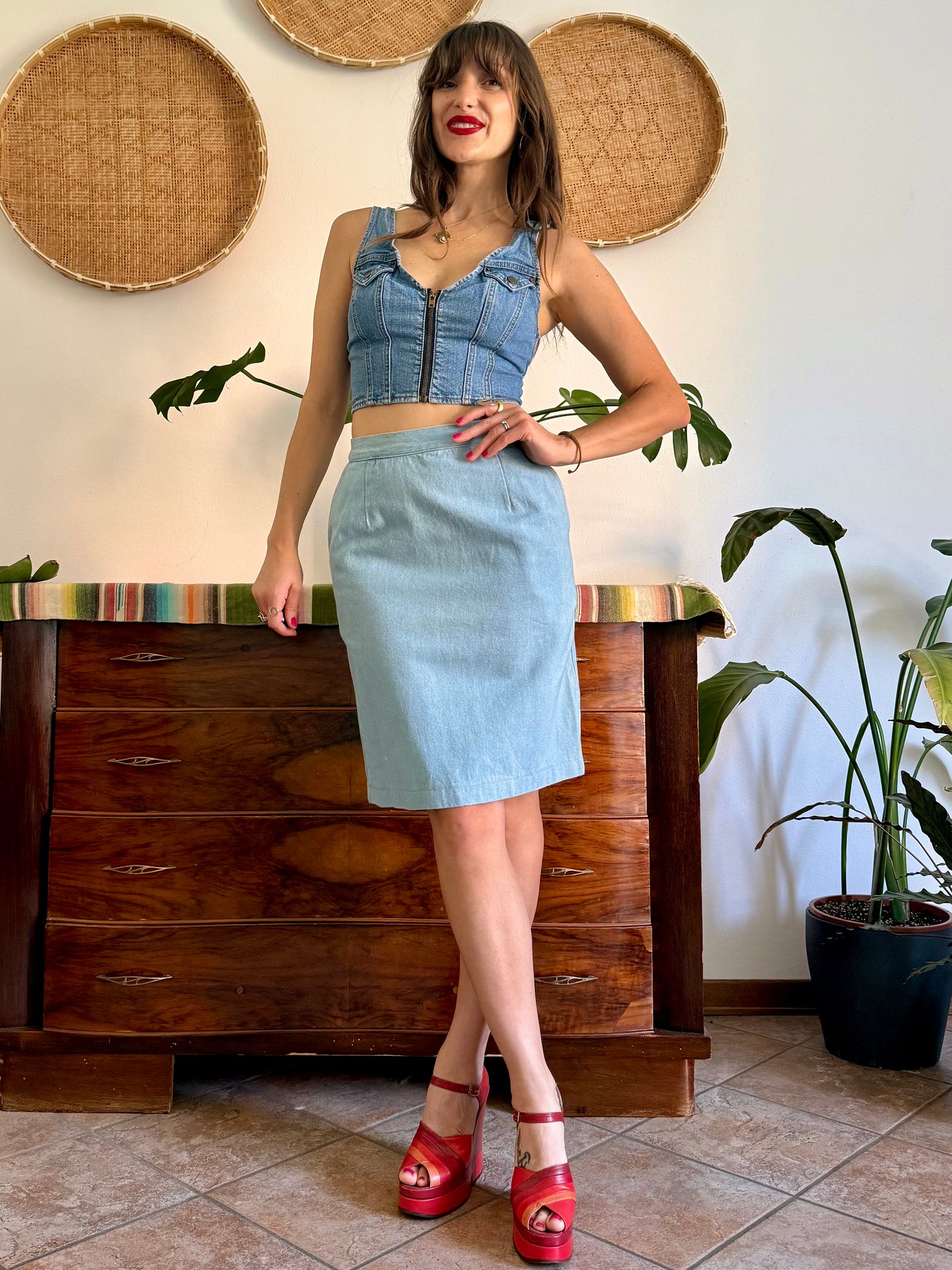 1970’s vintage light wash denim midi skirt