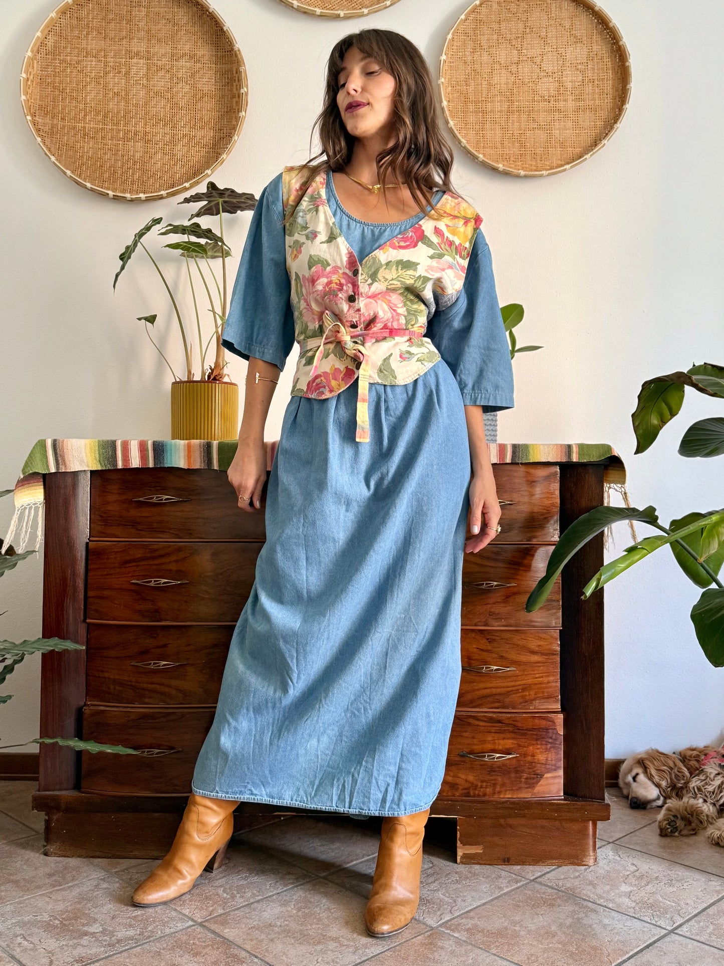 1990's vintage light wash denim maxi dress with built in patchwork floral vest