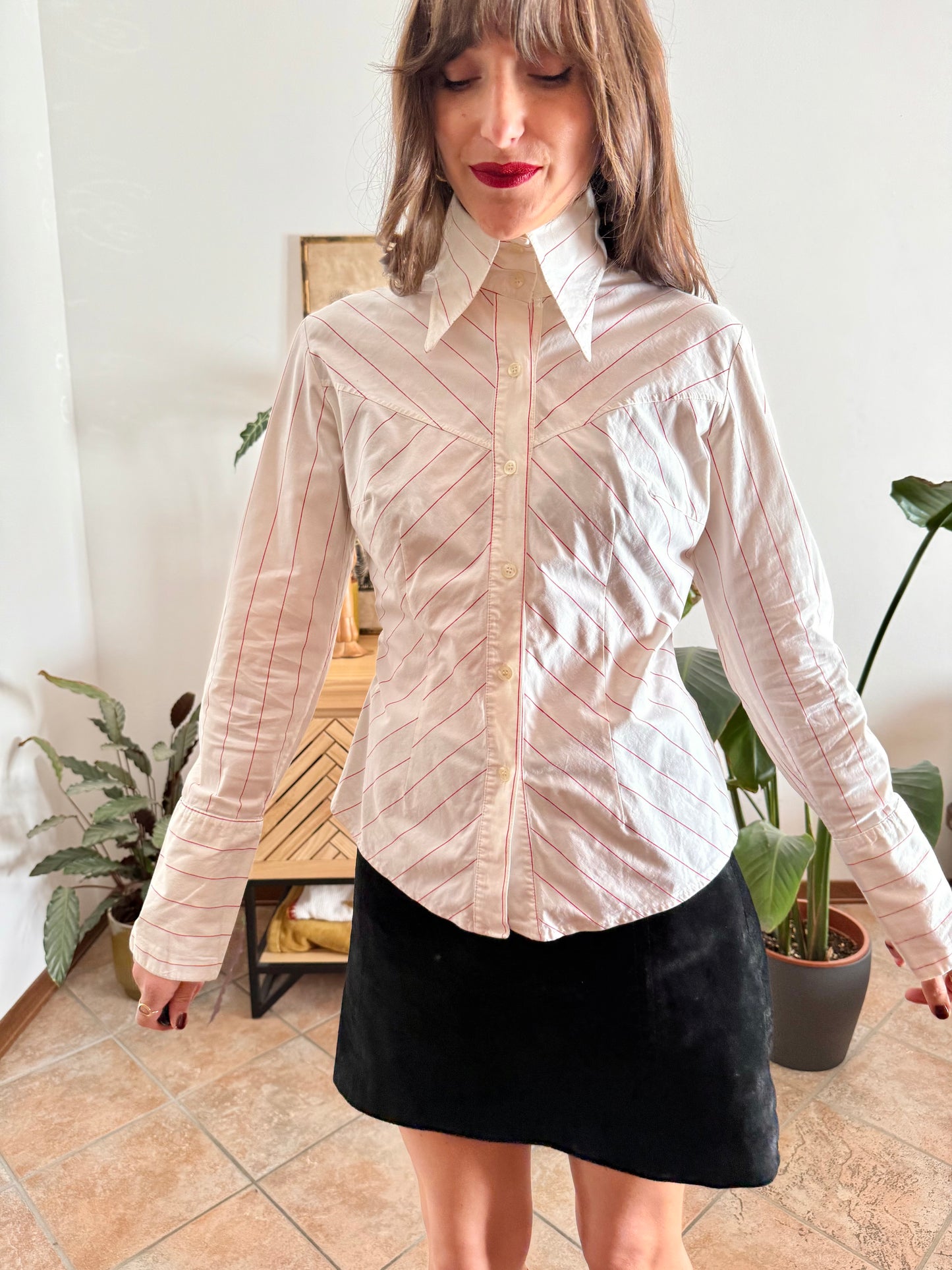 1970's vintage white and red stripe shirt with exaggerated collar and cuffs