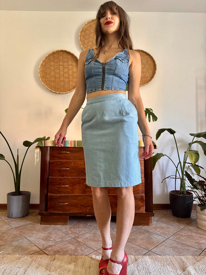 1970’s vintage light wash denim midi skirt