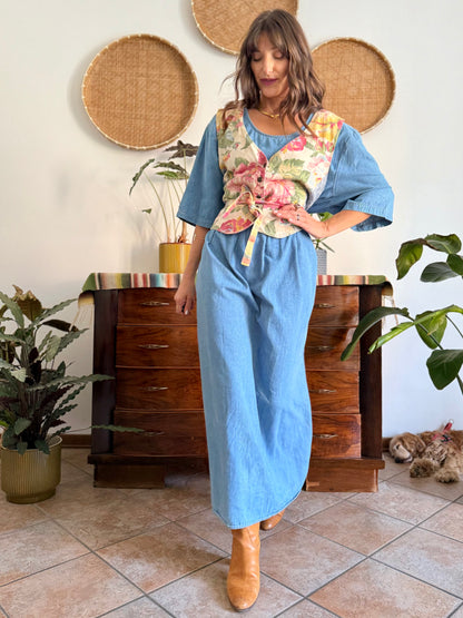 1990's vintage light wash denim maxi dress with built in patchwork floral vest