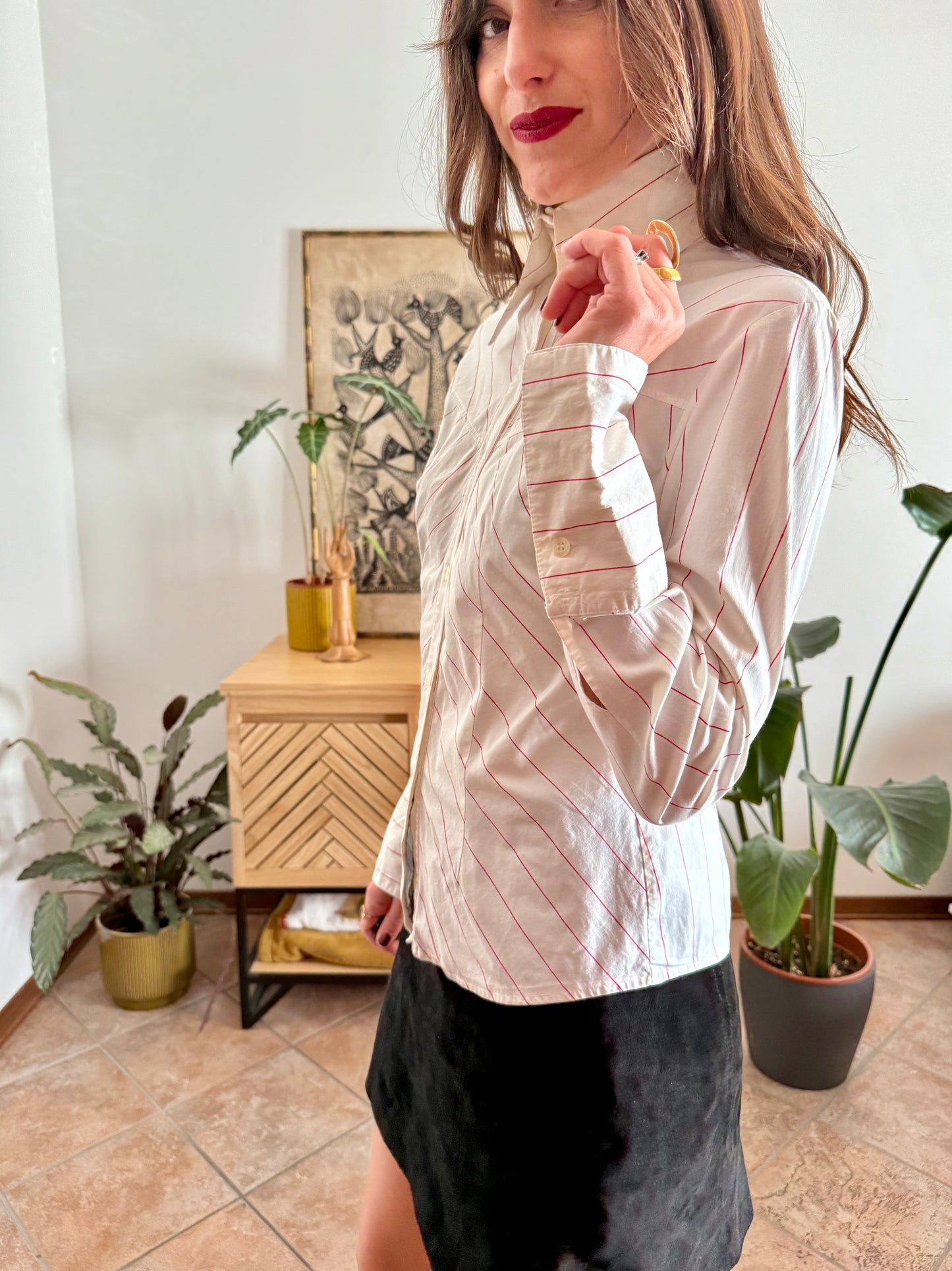 1970's vintage white and red stripe shirt with exaggerated collar and cuffs