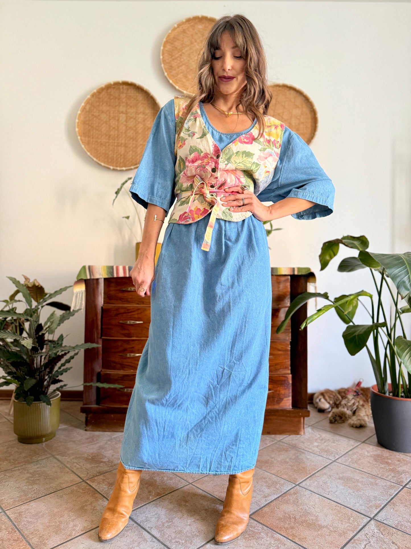 1990's vintage light wash denim maxi dress with built in patchwork floral vest