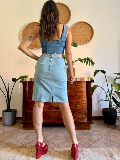 1970’s vintage light wash denim midi skirt
