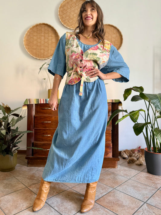 1990's vintage light wash denim maxi dress with built in patchwork floral vest
